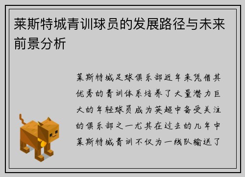 莱斯特城青训球员的发展路径与未来前景分析 莱斯特城青训球员的发展路径与未来前景分析