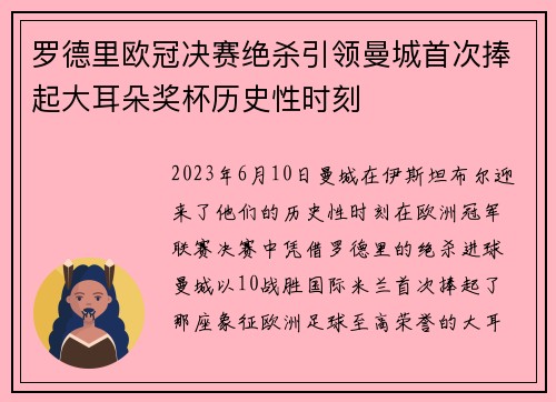 罗德里欧冠决赛绝杀引领曼城首次捧起大耳朵奖杯历史性时刻